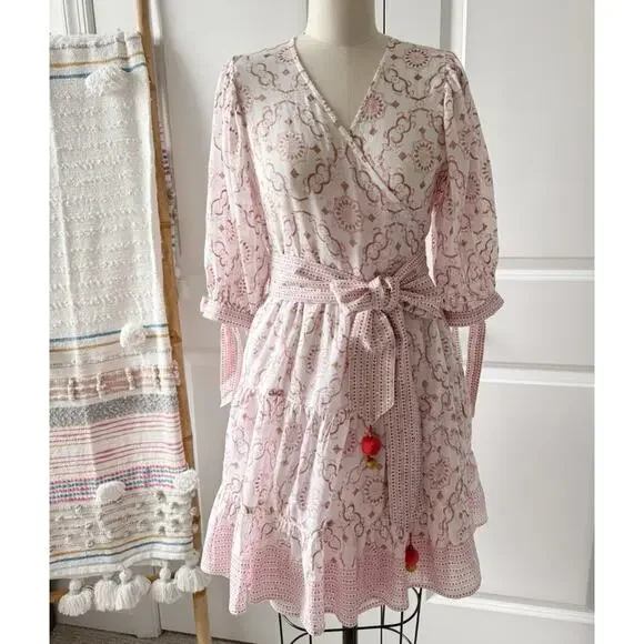 Bell by Alicia Bell Lucy Pink Gold Motif White Puff Sleeves Wrap Mini Dress XS - Picture 4 of 16